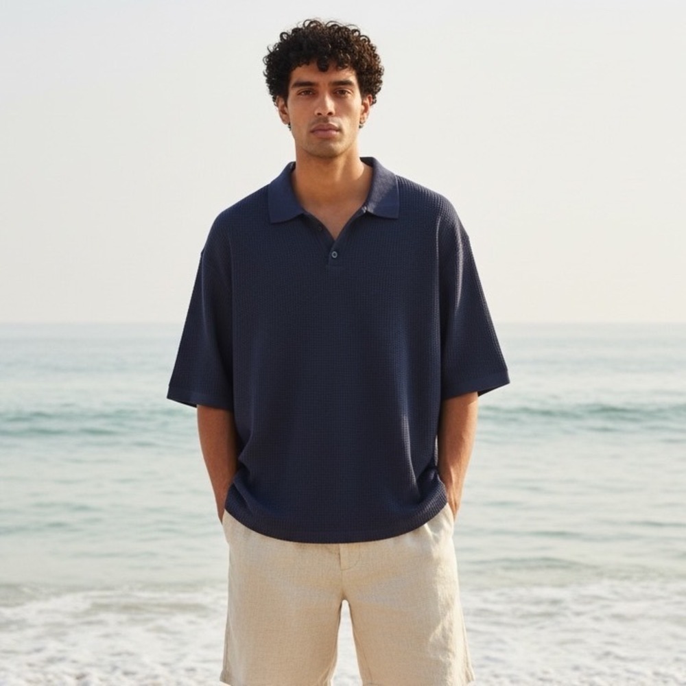 Magaschoni Mens Navy Blue Waffle Knit Cotton V-Neck Polo Shirt L NWT Coastal Lux